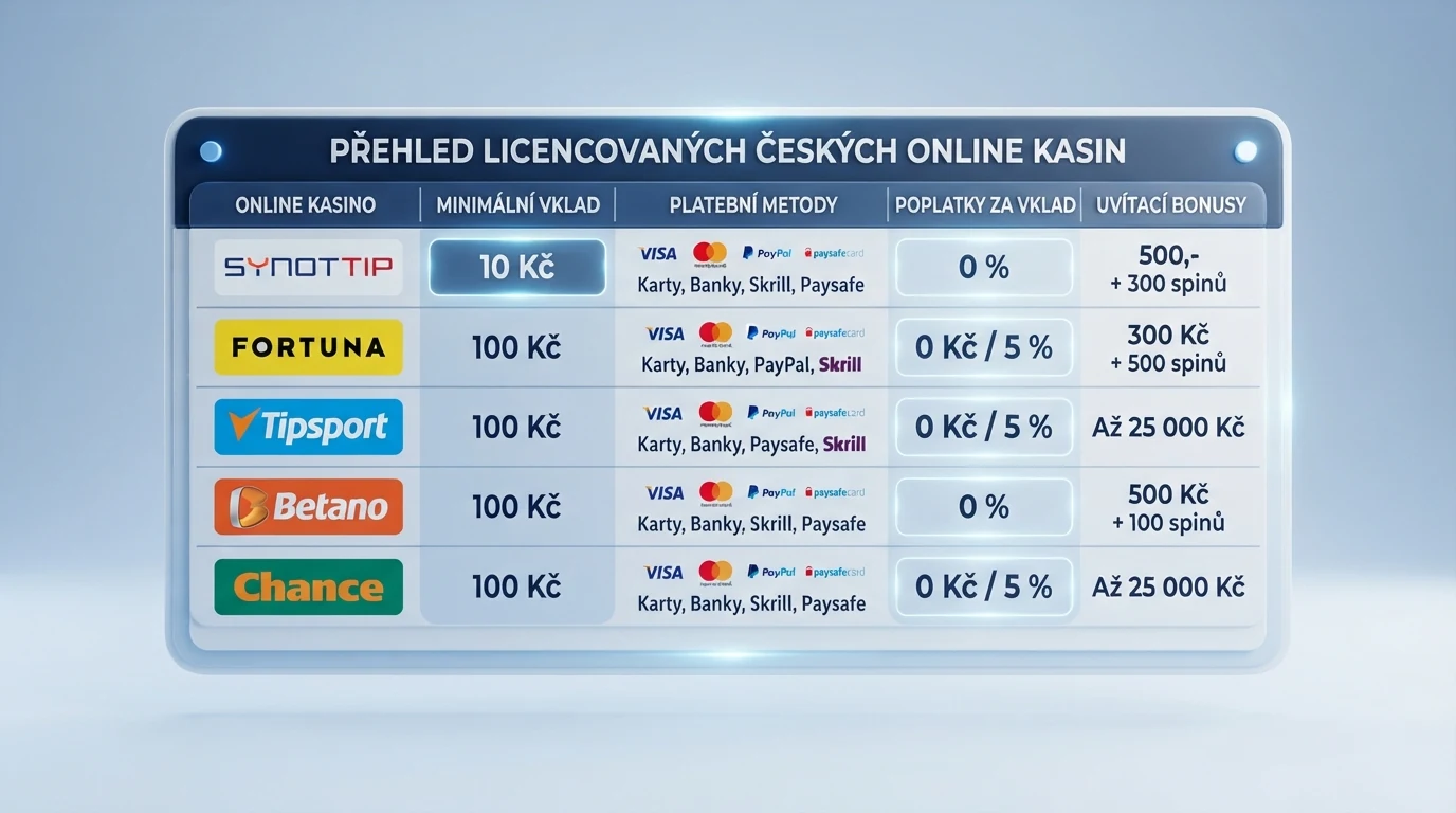 Srovnávací tabulka deseti českých kasin přijímajících Paysafecard s údaji o min. vkladu, poplatcích a uvítacím bonusu