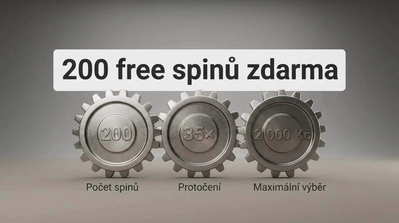 Ilustrace: banner s nápisem „200 free spinů zdarma“ a pod ním rozpad skutečné hodnoty — hodnota spinu × počet, minus protočení, minus daň
