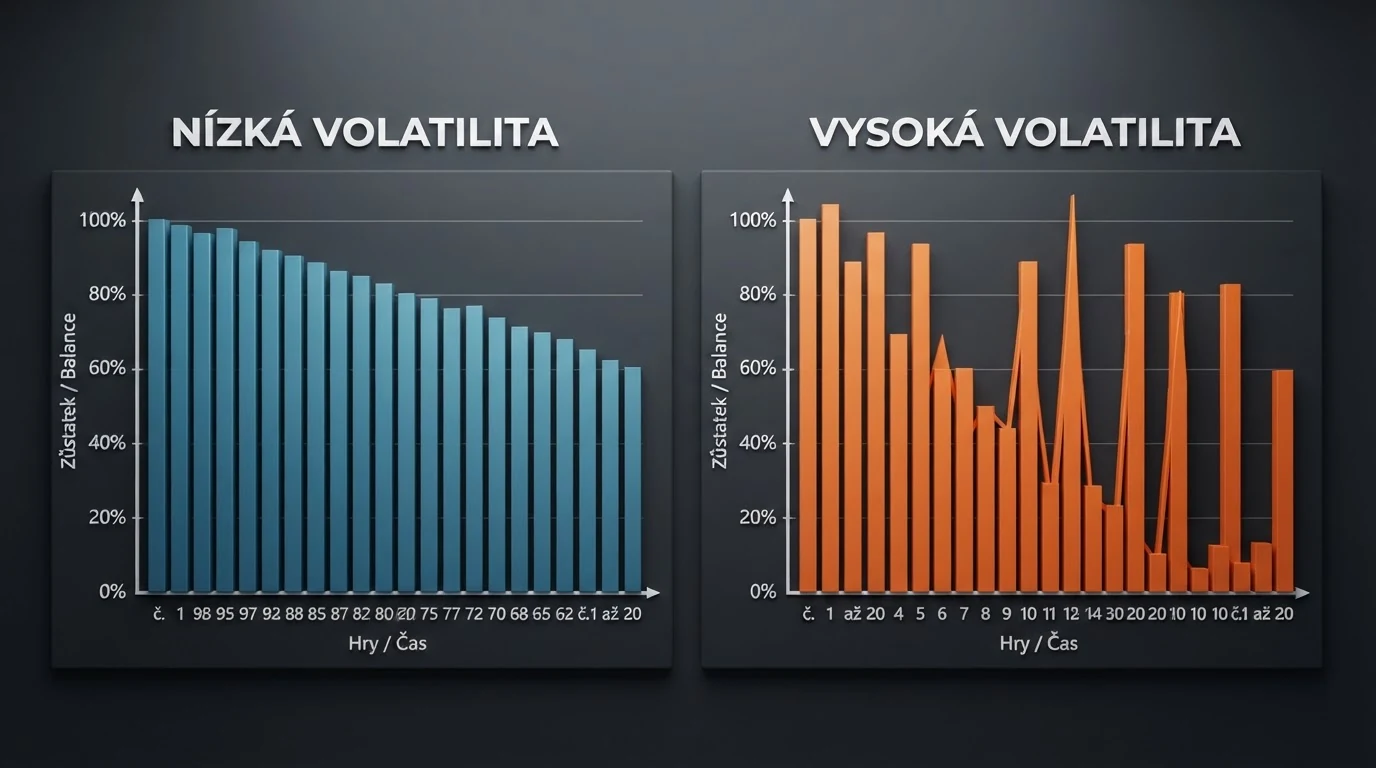 Dva sloupcové grafy — první ukazuje hypotetický průběh seance na slotu s nízkou volatilitou (pozvolný pokles), druhý na slotu s vysokou volatilitou (prudké skoky)