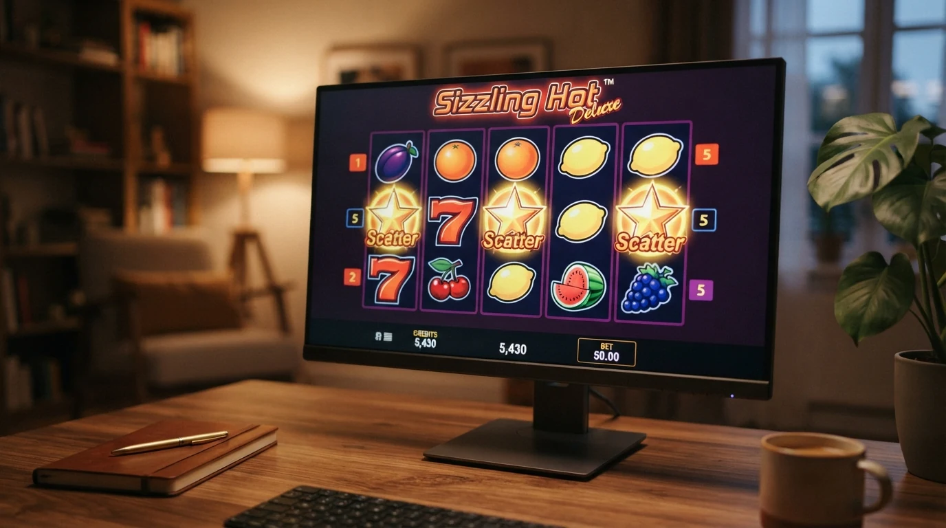Hrací plocha automatu Sizzling Hot deluxe s pěti válci, ovocnými symboly a výherní tabulkou