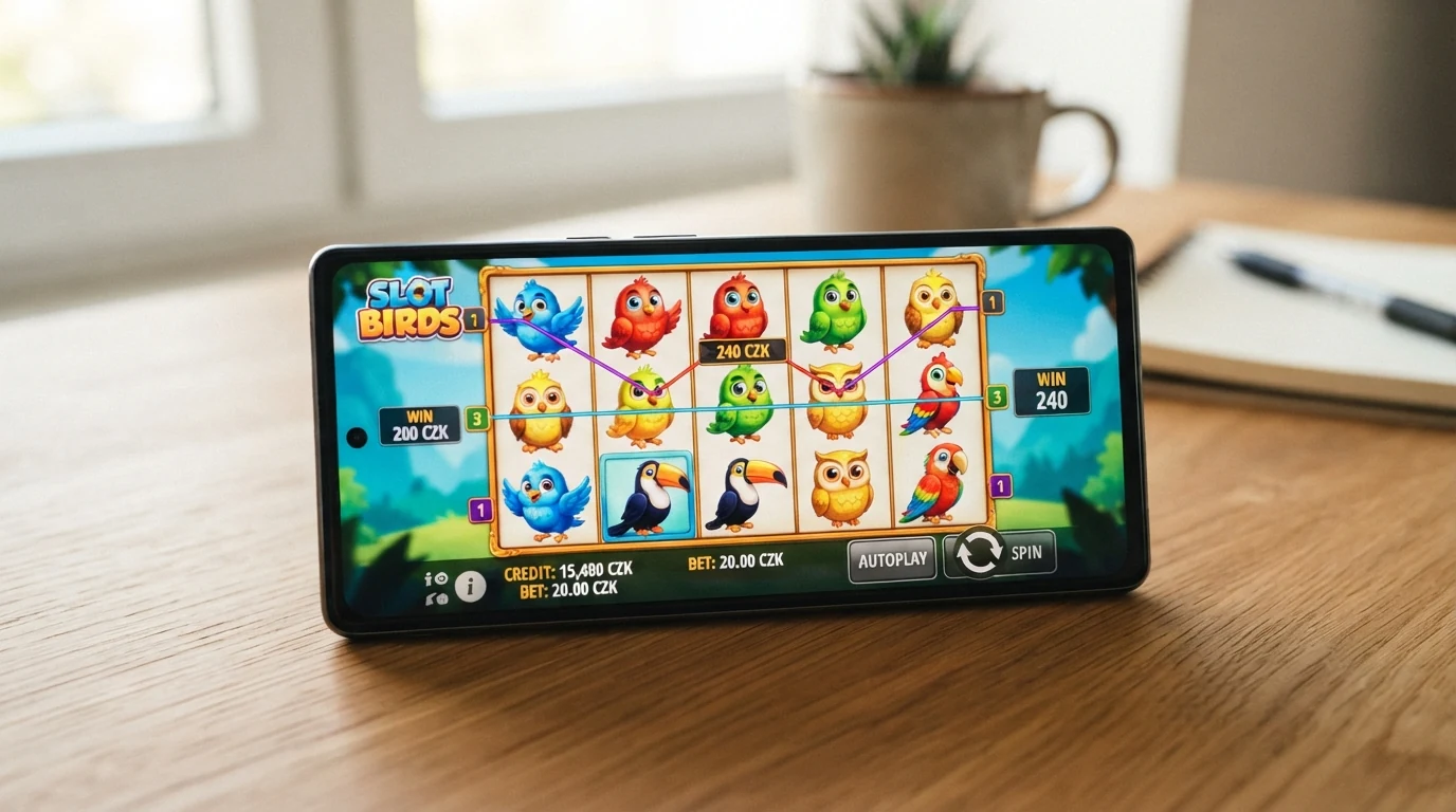 Herní obrazovka automatu Slot Birds s viditelnými výherními liniemi a ovládacími prvky