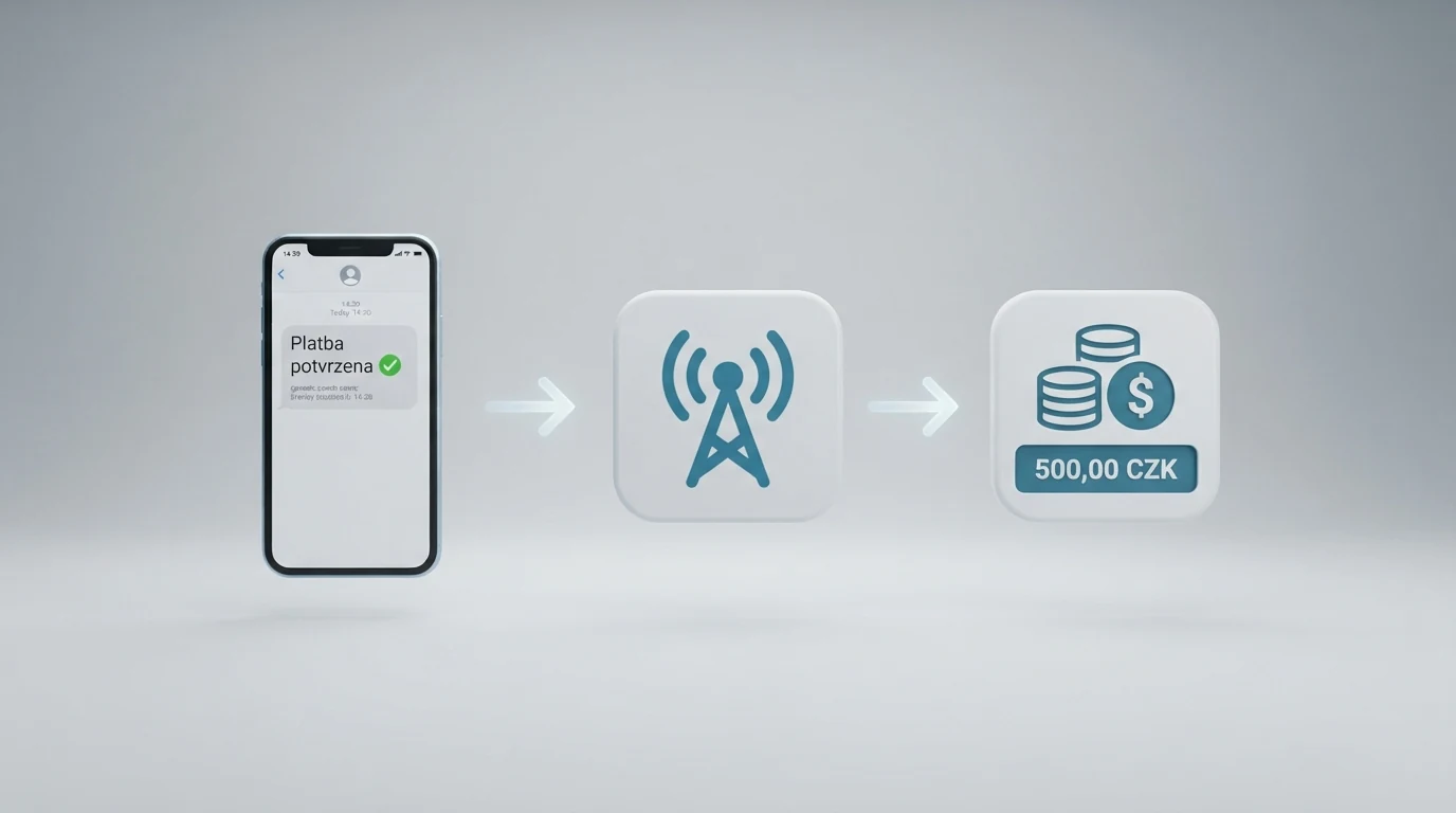 Schéma průběhu SMS vkladu: telefon → ikona operátora (Vodafone/O2) → logo NeteraPay → herní konto casino