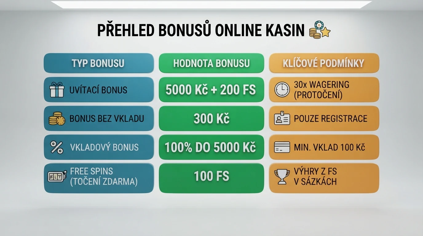 Tabulka s přehledem registračních bonusů — vedle sebe loga operátorů, počty free spinů a hodnoty vstupních bonusů.