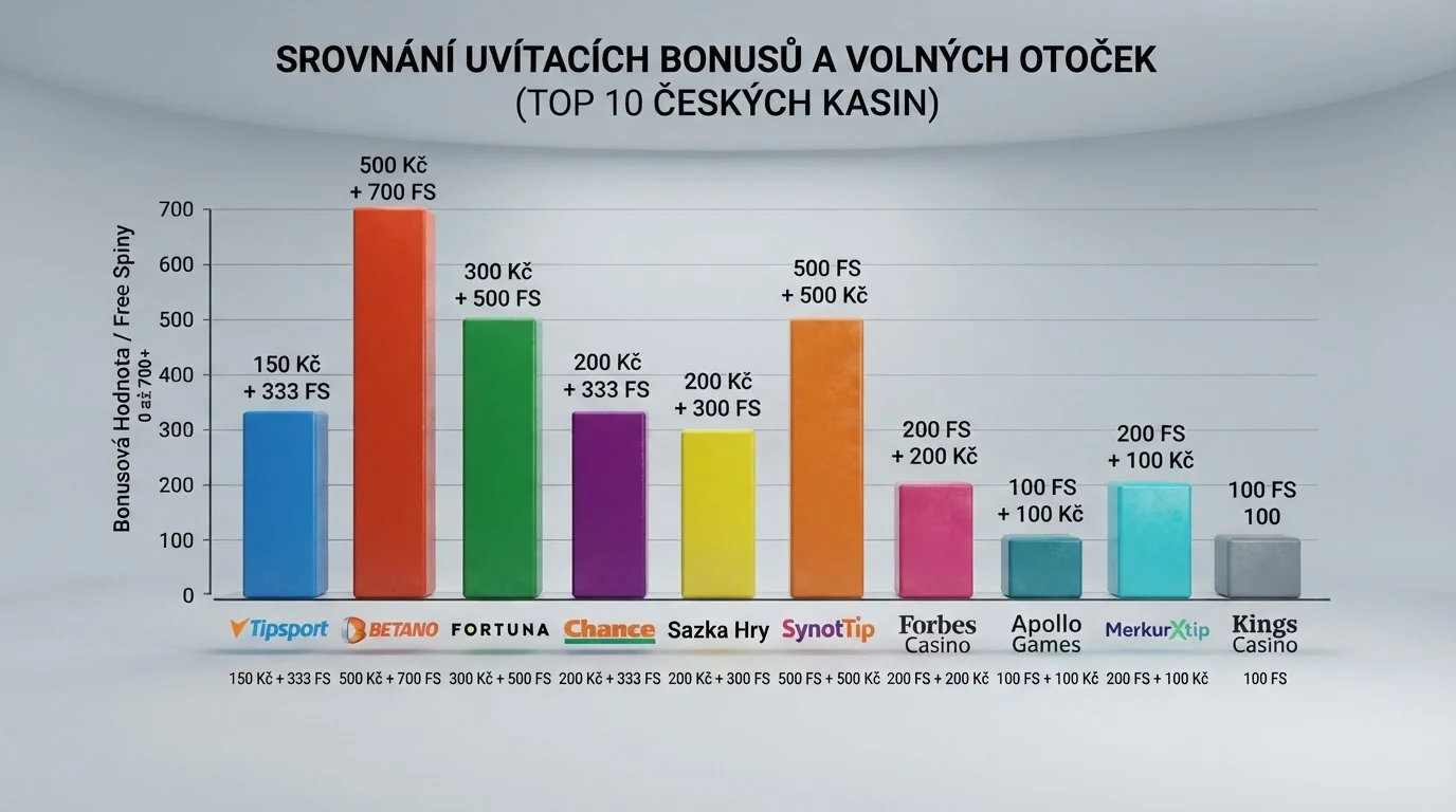Srovnávací tabulka uvítacích bonusů a free spinů deseti českých online casin s vyznačením nejvýhodnějších nabídek