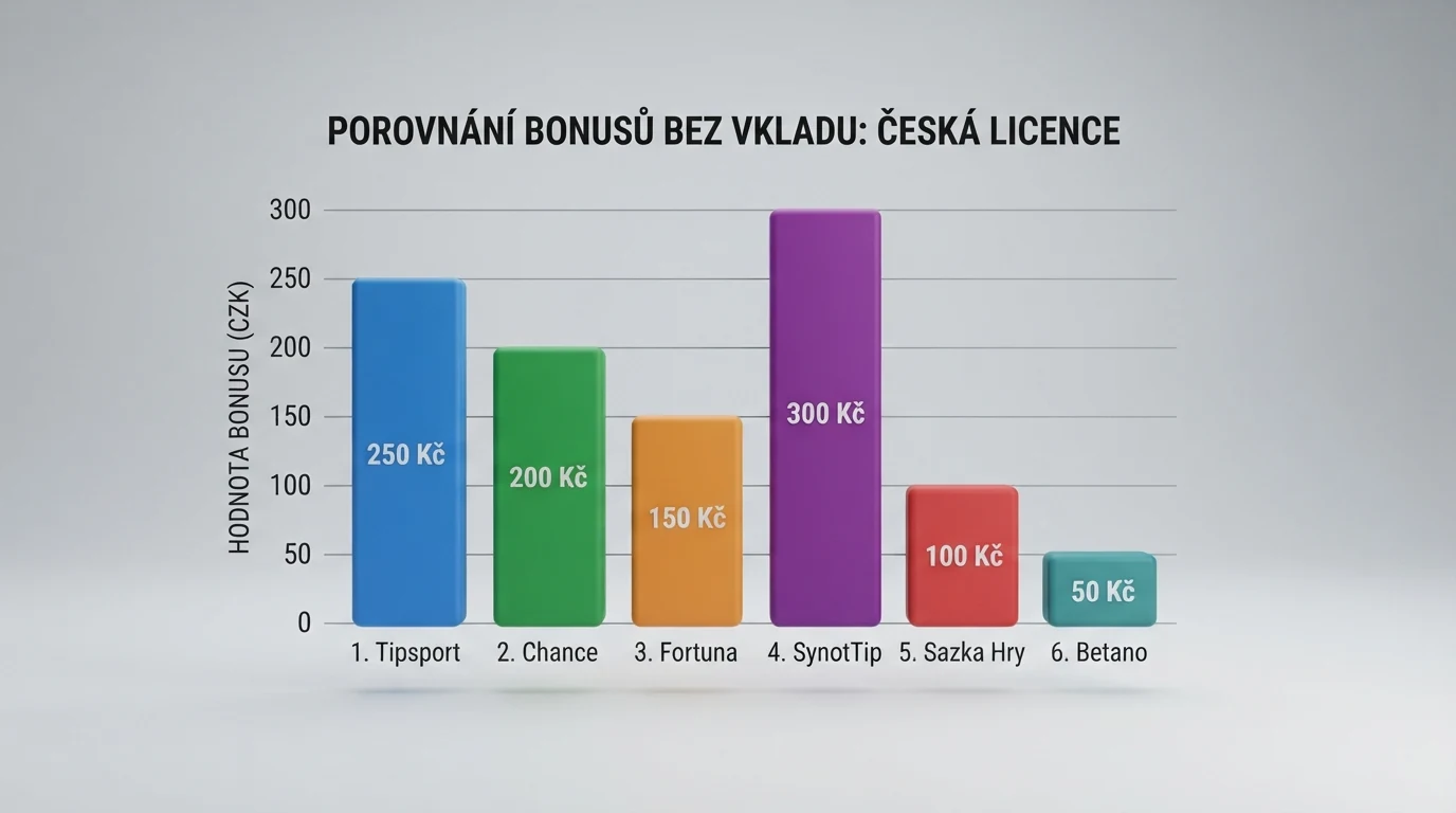 Přehledná infografika — sloupcové porovnání výše bonusu bez vkladu (Kč) a podmínek protočení u šesti operátorů s českou licencí