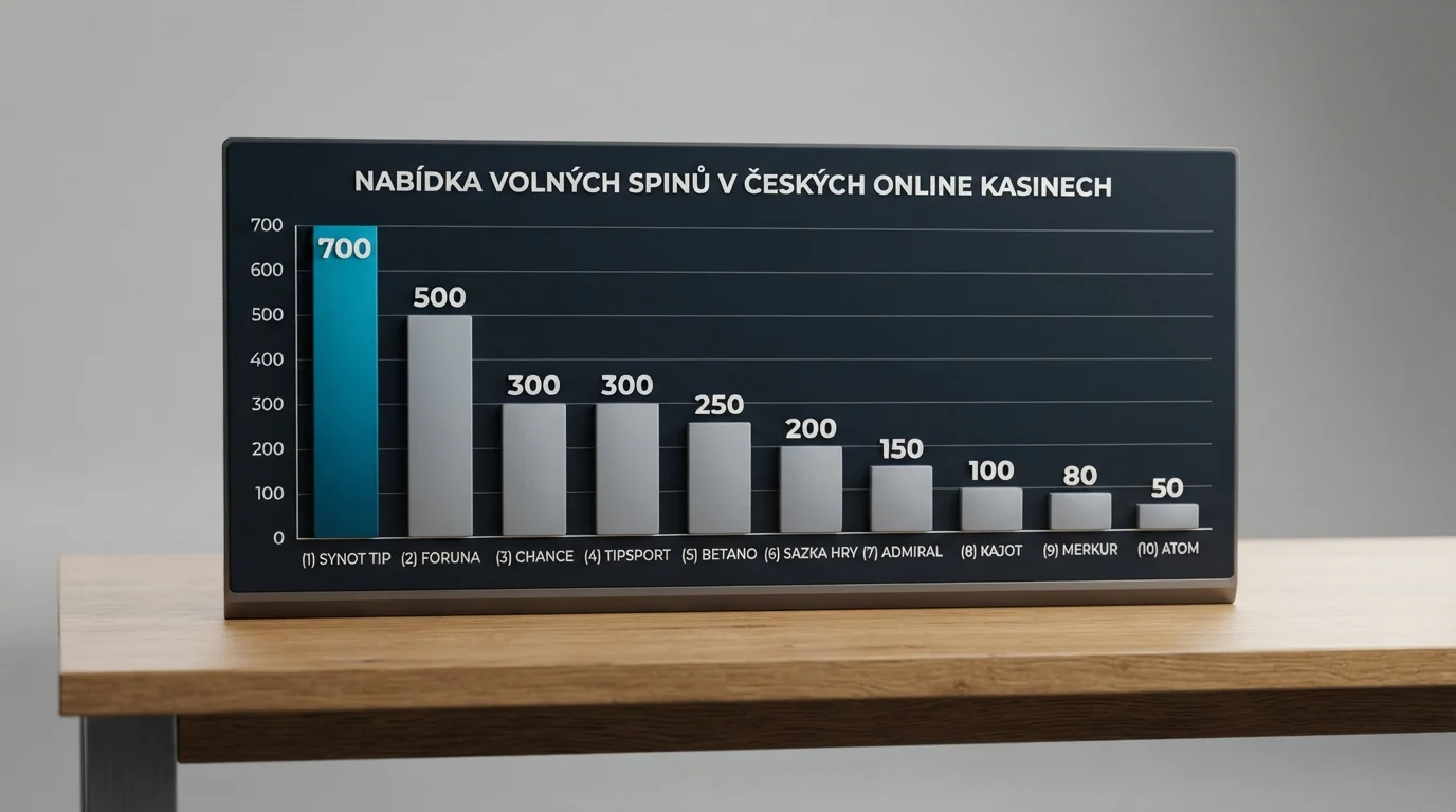 Přehledová tabulka deseti českých online casin s počty free spinů, hodnotou zatočení a poskytovateli her