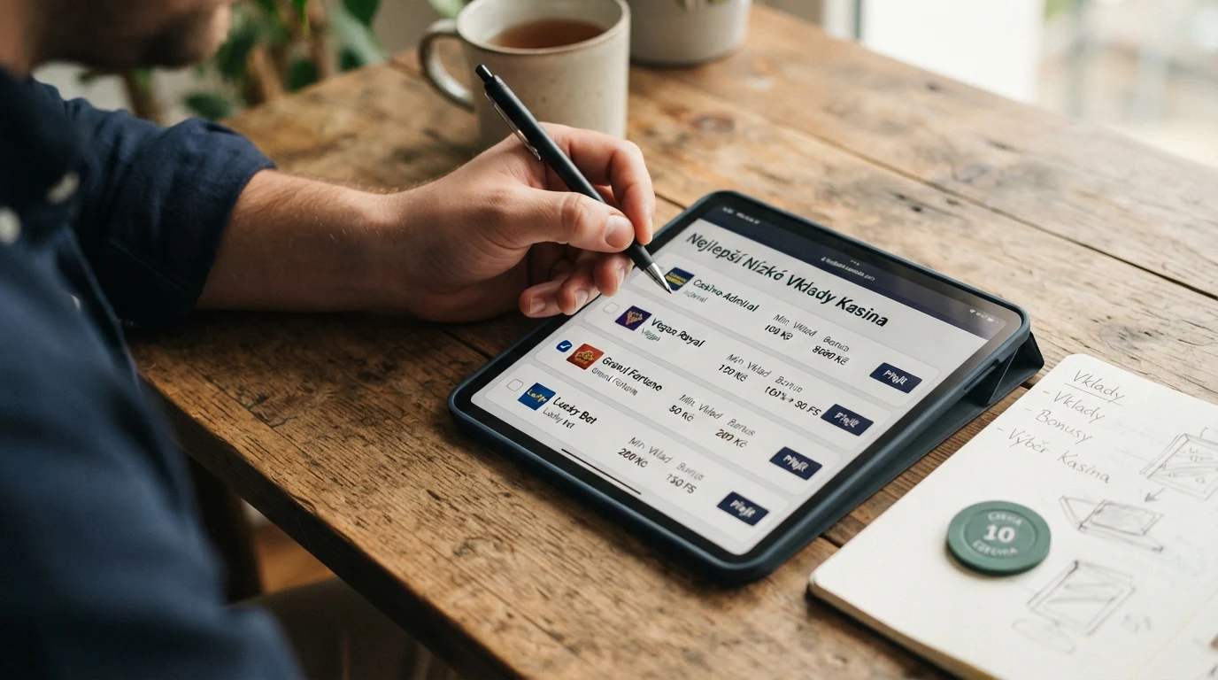 Srovnávací tabulka 10 online casin — řádky podle operátorů, sloupce minimální vklad, bonus a free spiny