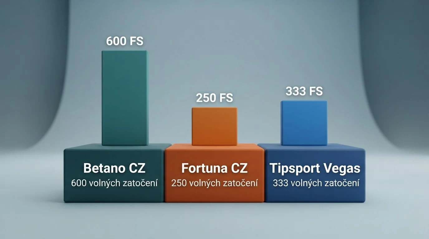 Vizuální srovnání – sloupcový nebo tabulkový přehled počtu free spinů bez vkladu u jednotlivých operátorů, rozdělený podle typu bonusu