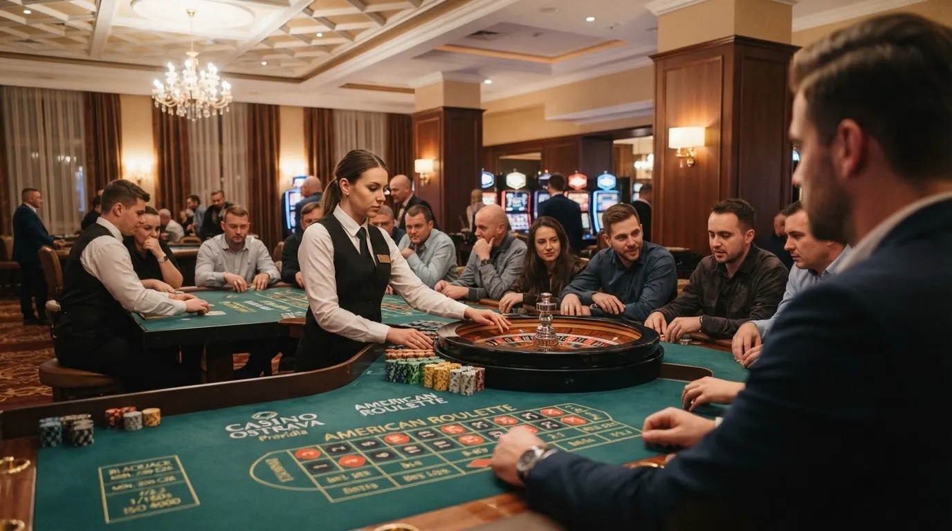 Interiér ostravského kasina s hracími stoly pro ruletu a blackjack pod dohledem krupiéra