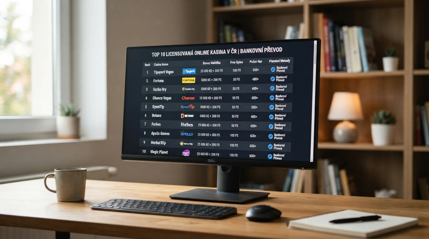 Srovnávací tabulka na monitoru s deseti logy kasin a zvýrazněnými sloupci s bonusem a free spiny