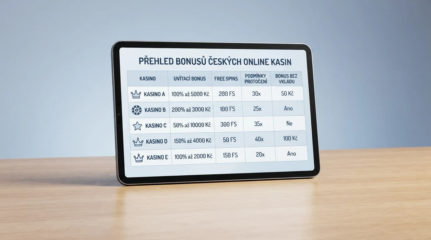 Srovnávací tabulka deseti českých licencovaných kasin s údaji o uvítacím bonusu, počtu free spinů a dostupnosti bez vkladu