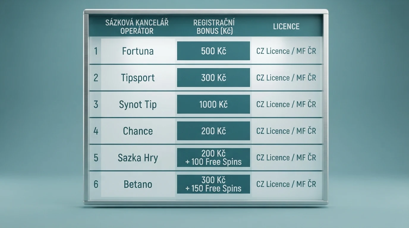 Srovnávací tabulka operátorů s vyznačenými hodnotami bonusů za registraci a typy licencí