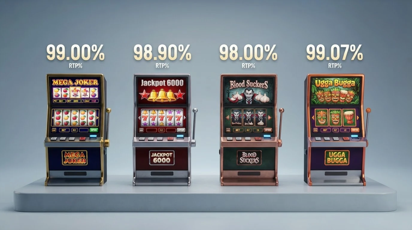 Přehledová tabulka nebo vizuální srovnání loga automatů Mega Joker, Blood Suckers, Dazzle Me a Sweet Bonanza s jejich procenty RTP