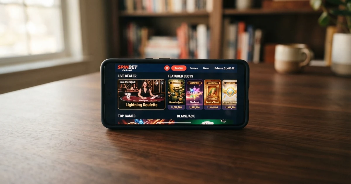 Mobilní telefon s otevřenou casino aplikací zobrazující herní lobby s nabídkou automatů a živých her