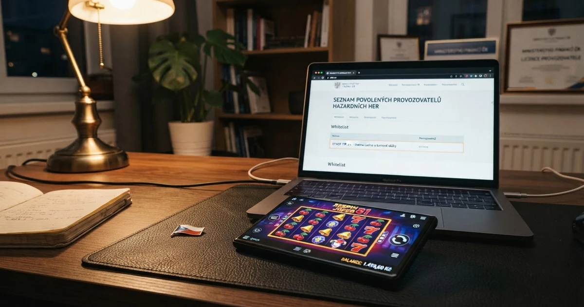 Rozhraní legálního online casina s českou licencí na monitoru počítače vedle otevřeného whitelistu MF ČR