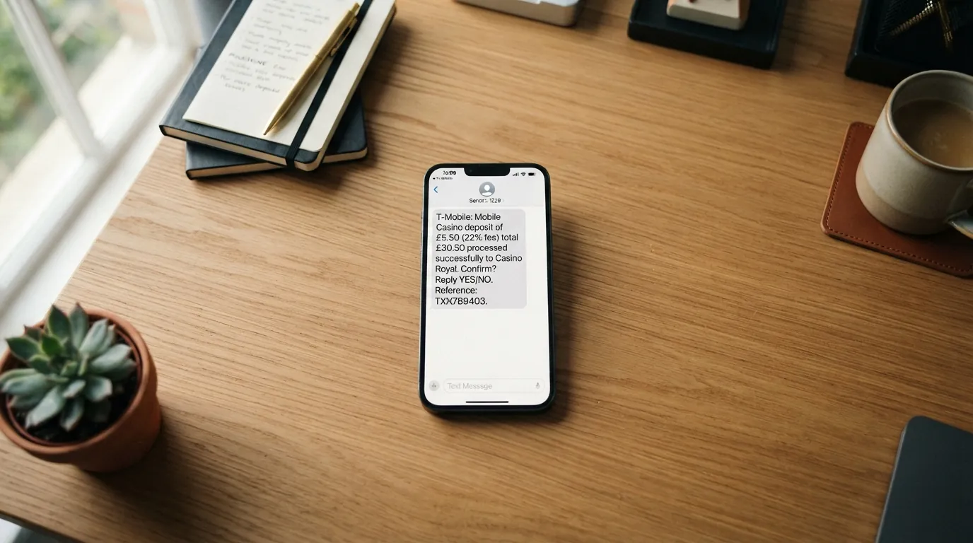 Mobilní telefon zobrazující potvrzovací SMS zprávu s částkou vkladu do casina
