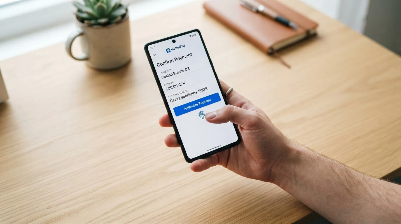 Postup vkladu přes Apple Pay na iPhonu — výběr částky, autorizace Face ID, potvrzení transakce