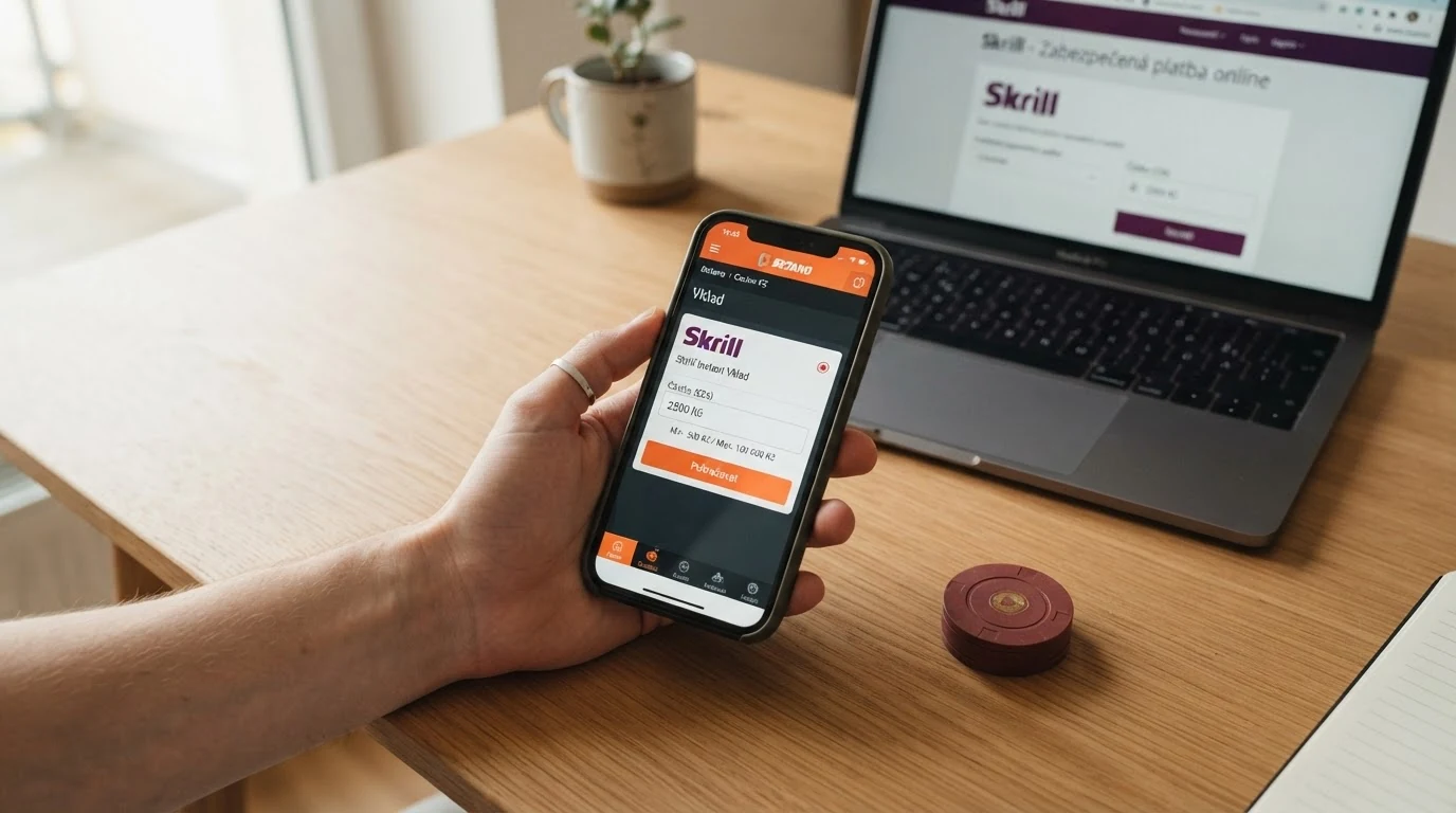 Uživatelské rozhraní pokladny online casina s vybranou platební metodou Skrill a polem pro zadání částky v korunách