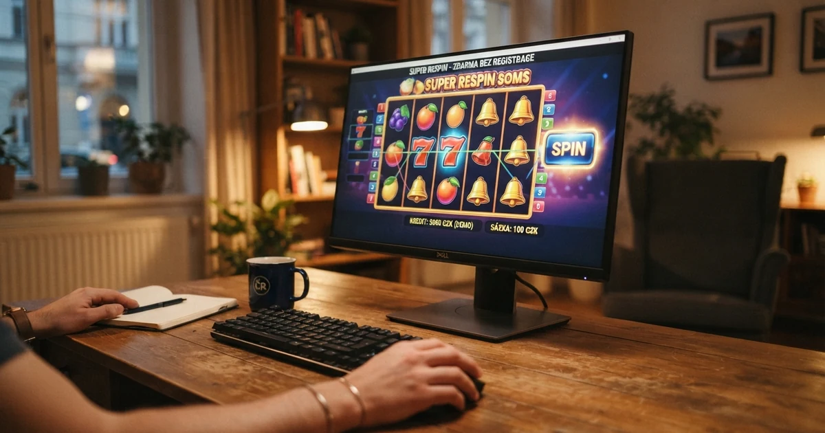 Rozhraní výherního automatu v demo režimu na monitoru počítače s virtuálním kreditem a ovládacími tlačítky