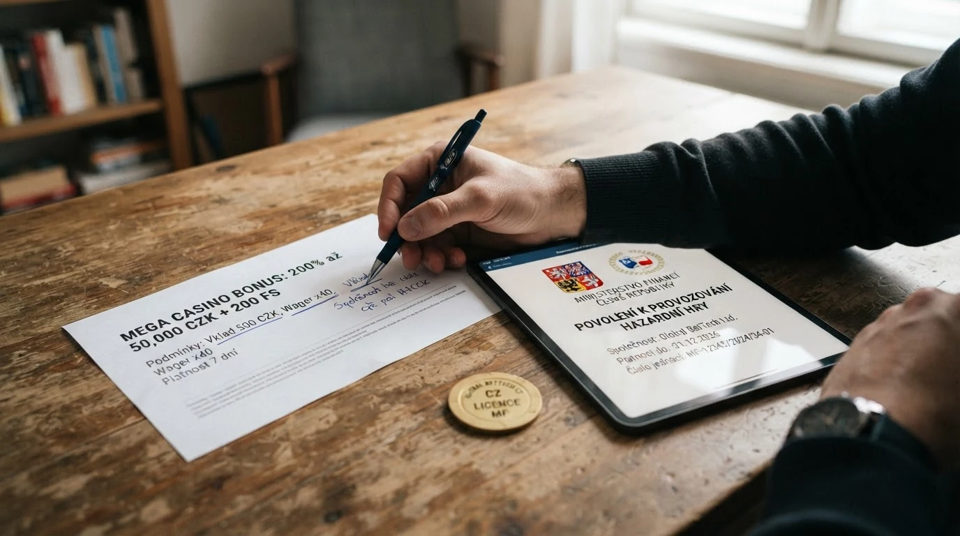 Hráč u notebooku s dvěma dokumenty – bonusovou nabídkou a licenčním certifikátem MF ČR