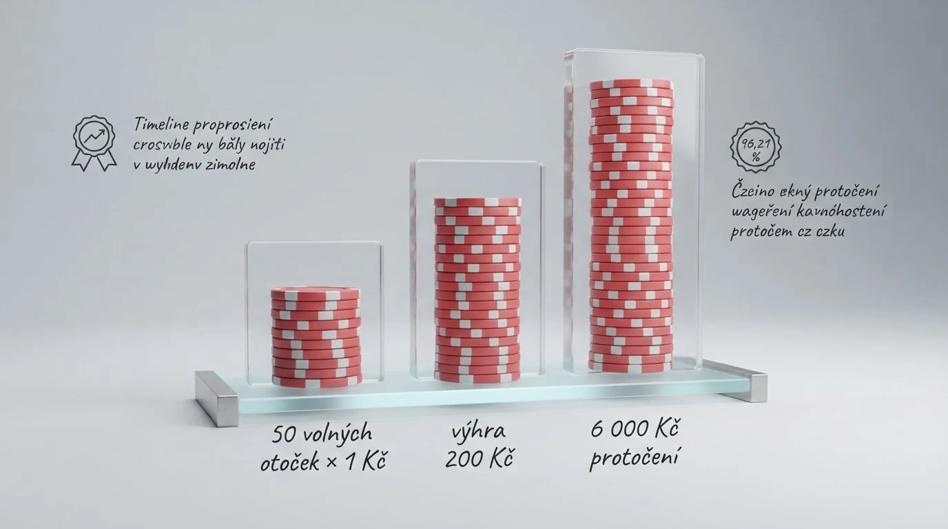 Infografika znázorňující cestu bonusu — 50 volných otoček × 1 Kč → výhra 200 Kč → 30× protočení → nutnost prosázet 6 000 Kč → skutečný zůstatek po splnění