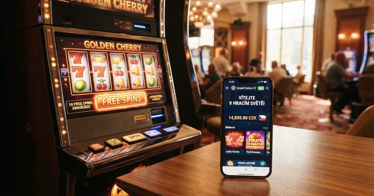 Roztočený výherní automat s zvýrazněným tlačítkem free spinů a mobilem zobrazujícím casino lobby