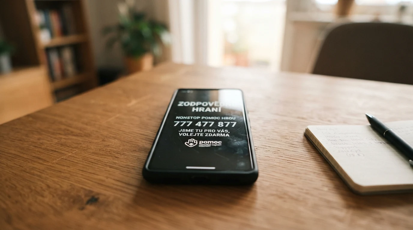 Telefon s číslem nonstop linky pomoci 777 477 877 na displeji a logo Zodpovědné hraní